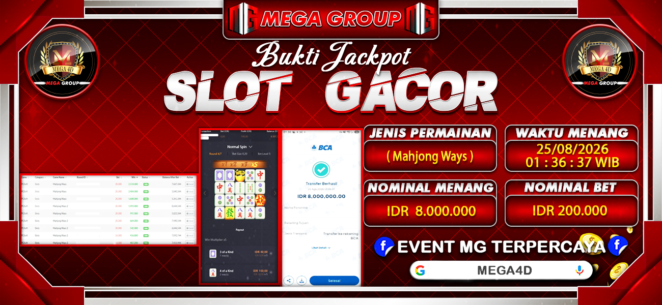 Bukti JP situs Mega4D hari Selasa, 25 Agustus 2026