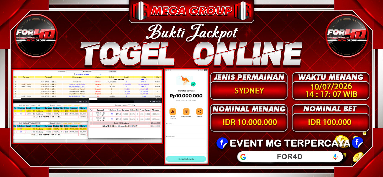 Bukti JP situs For4D hari Jumat, 10 Juli 2026
