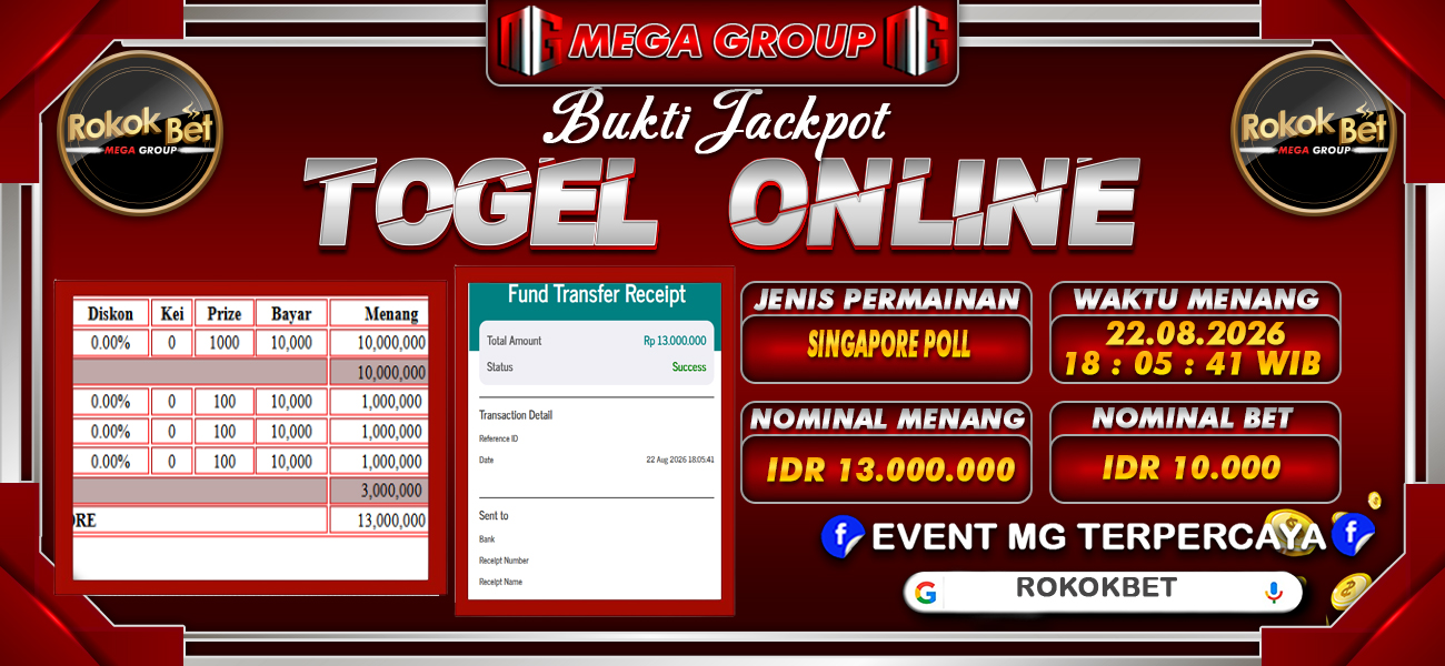 Bukti JP situs Rokokbet hari Sabtu, 22 Agustus 2026